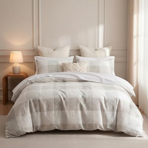 SLEEP ZONE Duvet Cover Set Queen, Modern Grid Jacquard Bedding Set
