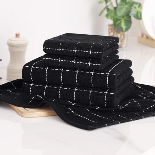 Homaxy Cotton Terry Kitchen Towels and Dishcloths Set of 12, Black