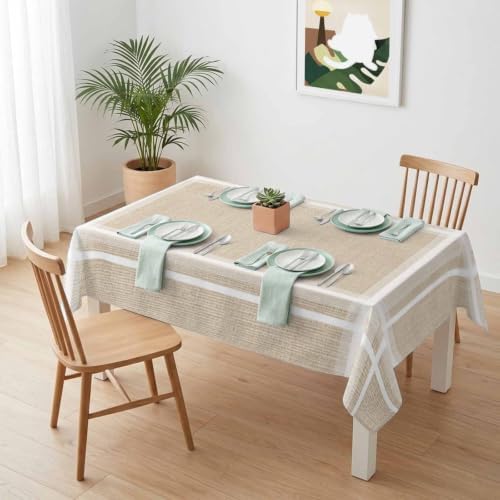 Rustic Burlap Linen Waterproof Tablecloth Rectangle Washable Table