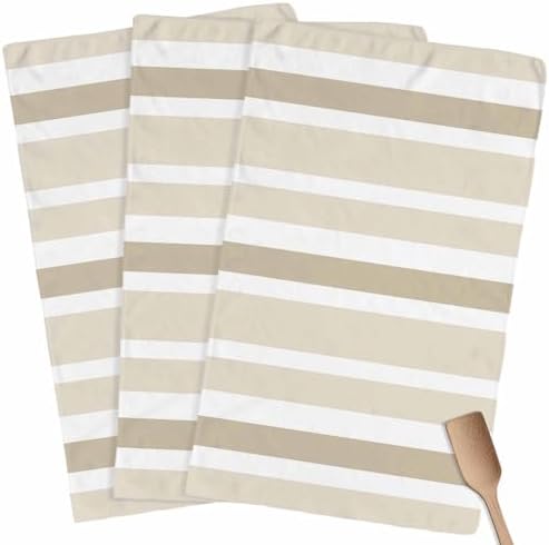 Beige Brown Kitchen Towels Set of 3, 18x26 Inch, White Stripe Soft