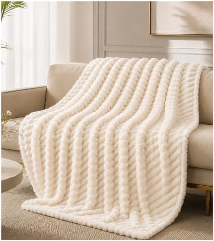 Cream Ribbed Soft Cozy Throw Blanket for Couch Sofa Livingroom