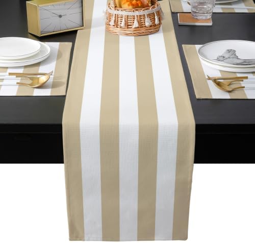 Beige Stripe Linen Texture Table Runner and Placemats Set of 6 Themed