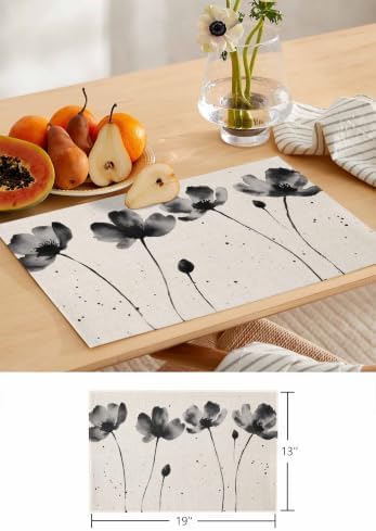 Ink Flowers Table Runner and Placemats Set of 6 Linen Texture Cotton
