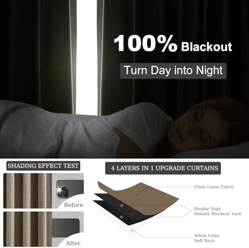 Topfinel Linen Blackout Curtains 96 Inch Long, Pinch Pleat Rustic