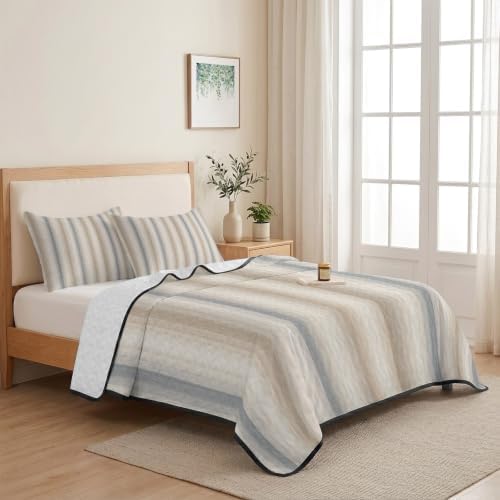 Brown Gray Striped Queen Size Down Alternative Comforter, Lightweight