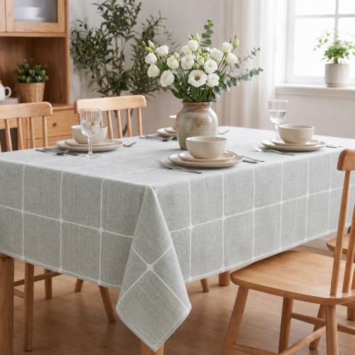 Horaldaily Farmhouse Plaid Tablecloth, Light Gray, 60×120 Inch