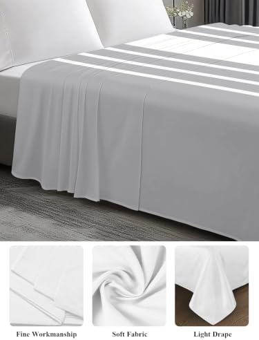 Cal King Size Flat Sheet Only, Light Gray White Stripes Bed Top Sheet