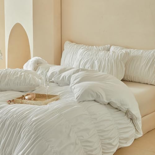 Cream Ruched Twin XL Duvet Cover, Vintage Boho Textured, Zipper & Ties