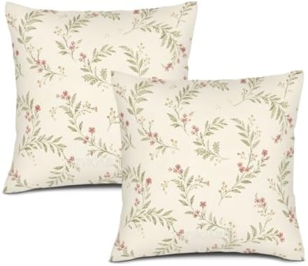 InkRain Cream White Delicate Climbing Green Vine Pink Flower Pattern