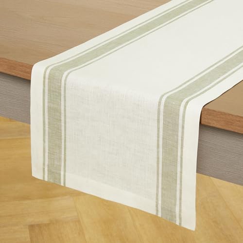 Solino Home 100% Pure Linen Table Runner Cream, Country Stripe 14 x
