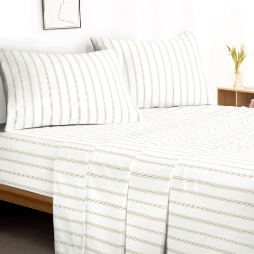 Wake In Cloud - Striped Bed Sheets, 100% Cotton, 4 Pieces Sheet Set
