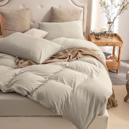 PURE ERA Jersey Knit Duvet Cover Set Solid Dark Beige Queen