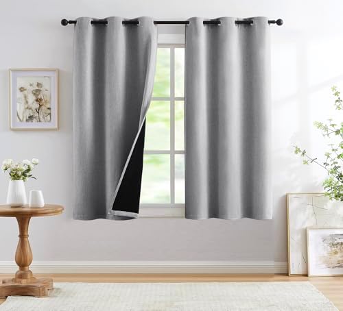 Linen Textured Grey Blackout Curtains for Bedroom Window Panels 52x63