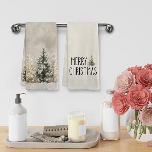 Rustic Beige Winter Christmas Tree Kitchen Towel and Dishcloths Sets