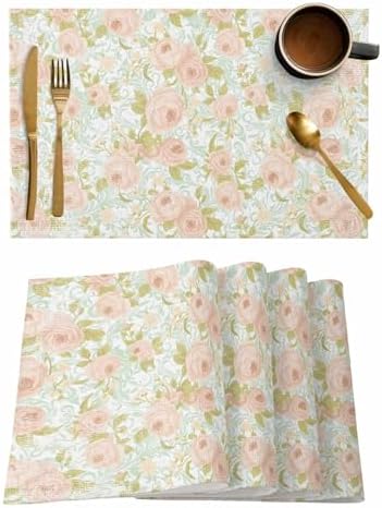 Placemats Set of 8, Beige Flowers Woven Placemat, Linen Place Mats for