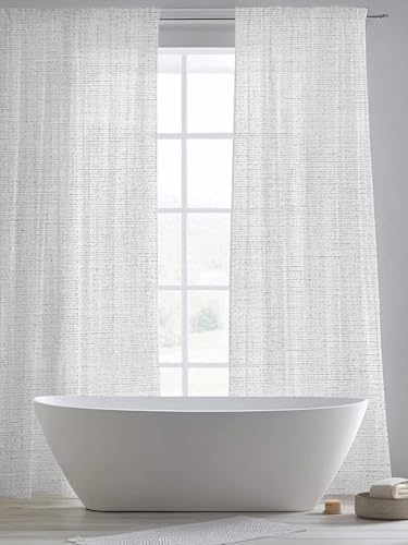 Vintage White Sheer Curtains 108 Inch Long, Linen Texture Farmhouse
