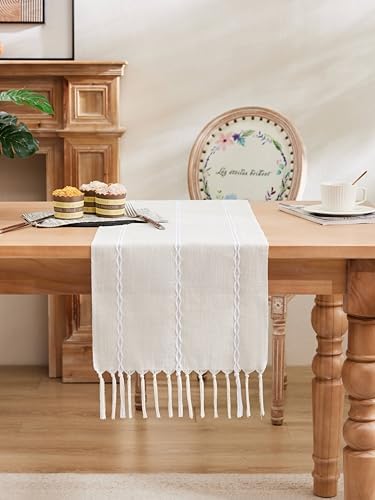 Braided Farmhouse Table Runner, Braided Beige 13x36 Inch, Cotton Linen