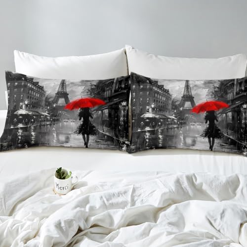 Paris Eiffel Tower Duvet Cover Set Queen Size,Rainy Night Red Umbrella