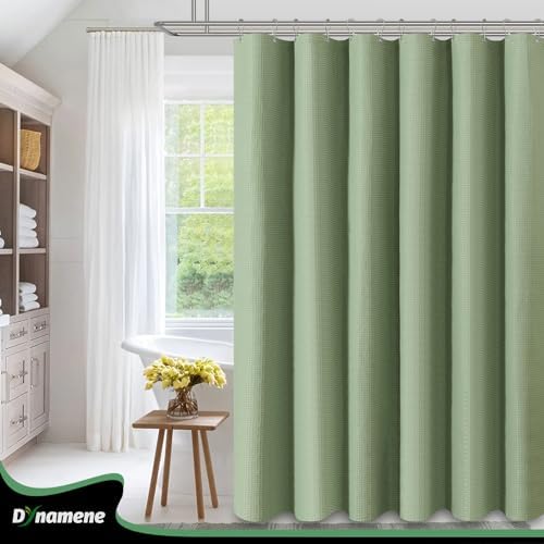 Dynamene Sage Green Fabric Shower Curtain, Waffle Weave Textured Cloth