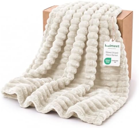 HIMEET Beige King Size Blanket for Bed, 300GSM Ribbed Fleece