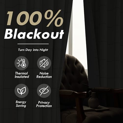 DriftAway 100% Blackout Plaid Linen Curtains 108 Inches Long 2 Panels