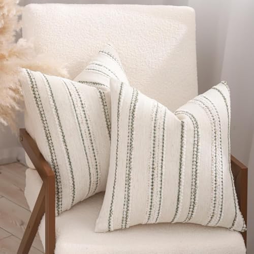 Boho Jacquard Throw Pillow Covers 20x20 Inch Set of 2 Beige Green