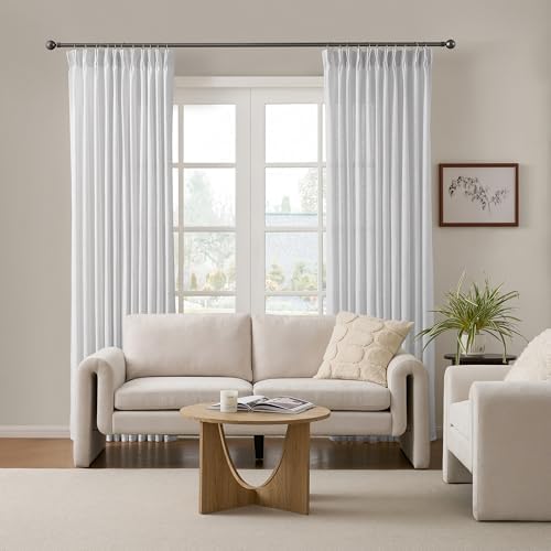 RAIN CITY White Pleated Semi Sheer Drapes 50 x 96 Inch Length, Memory