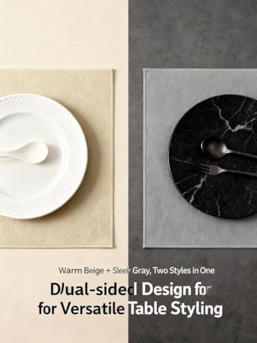 Faux Leather Placemats Set of 6, 12x18 inch Reversible Beige & Gray