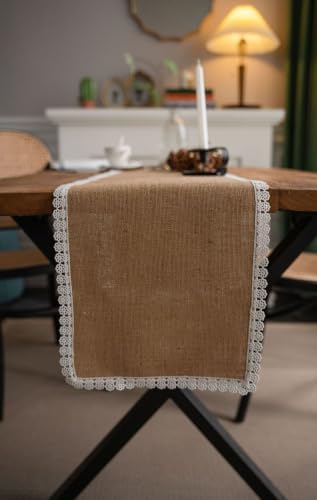 118.1 Inch Long Kitchen Table Runner,Cotton Linen Blend,Khaki White