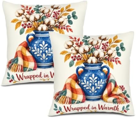 Leaves Plaid House Pillow Covers 22x22 Inch Set of 2 Linen for Fall
