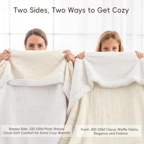 PHF Waffle Sherpa Blanket King Warm for Winter, 104"x90", Cream