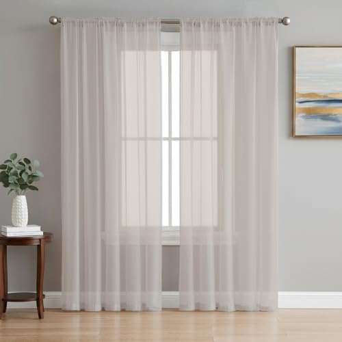 Solid Light Greige Sheer Curtains 108 Inch Long 2 Panels Classic