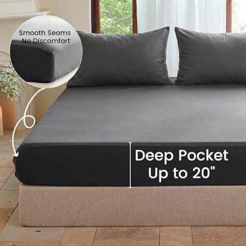 BISELINA Deep Pocket Fitted Sheet 100% Washed Cotton King Size, Fits