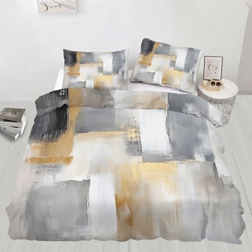 Gold Gray Block Comforter Set King Brush Stroke Duvet Cover Set