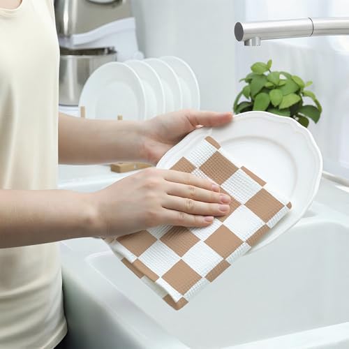 Beige and White Plaid Checkered Hand Towels Set of 2,Waffle Weave Soft
