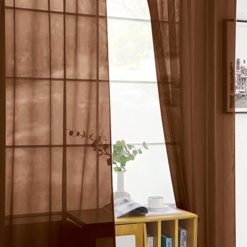SpaceDresser Basic Rod Pocket Sheer Voile Window Curtain Panels Brown