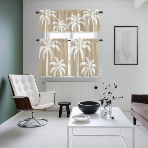 Brown Palm Tree Kitchen Curtains Set, Coastal Tropical Summer Coconut
