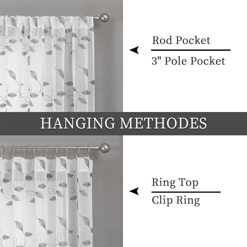 Tollpiz Grey Leaf Sheer Curtain Bedroom 38 x 63 Inches