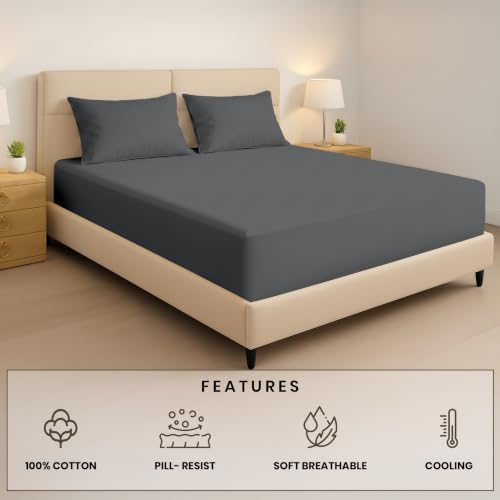 Kotton Culture 3 Pc King Size Fitted Sheet Dark Grey with 2 Pillow