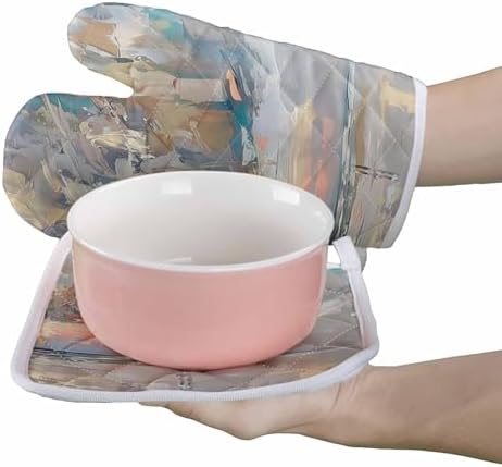 Quilted Cotton Terry Cloth Oven Mitt, Pot Holder Abstract Oil Painting
