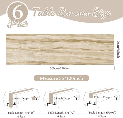 6 Pack Beige Cheesecloth Table Runner 35x120 Inch Gauze Rustic Boho