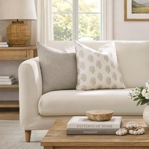 Meekio Floral Block Print Pillow Covers 20x20 Set of 2, Beige and