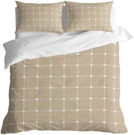 Taupe Gingham Duvet Cover Full Size, Modern Minimalist Geometric Plaid