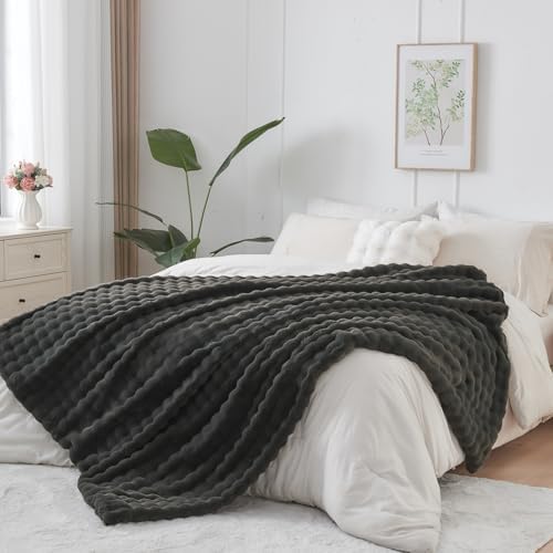 NEWCOSPLAY Faux Fur Fluffy Bubble Twin Blanket for Couch, Grey