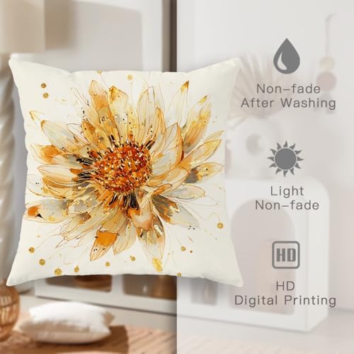 Floral Throw Pillow Covers Set of 2, Cream and Gold Sunflower Design