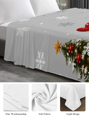 Cal King Size Flat Sheet Only, Snowman Snowflake Pine Tree Bed Top