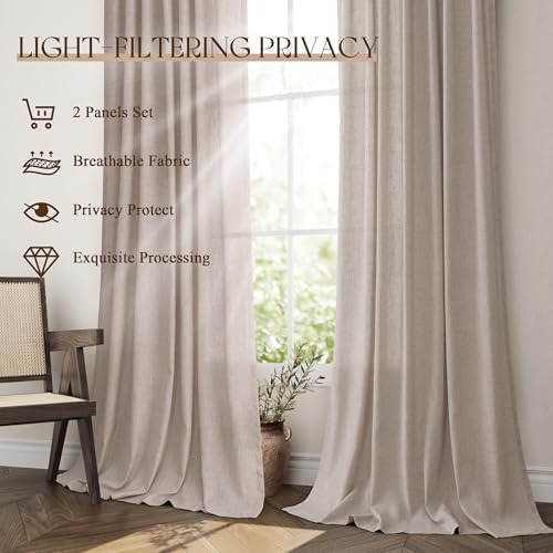 Jowels Oatmeal Linen Curtains 84 Inch Long 2 Panels for Living Room
