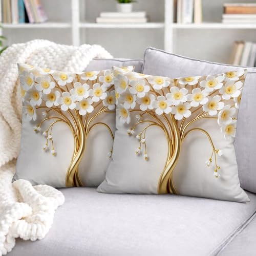 Flowers Throw Pillow Covers Set of 2, Elegant Modern Gold Branches