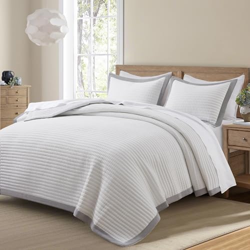 Bonlino White Quilt Set King Size - Farmhouse Soft Striped Stitch