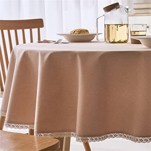 Dimatic Linen Textured Round Tablecloth with Lace Trim - Waterproof